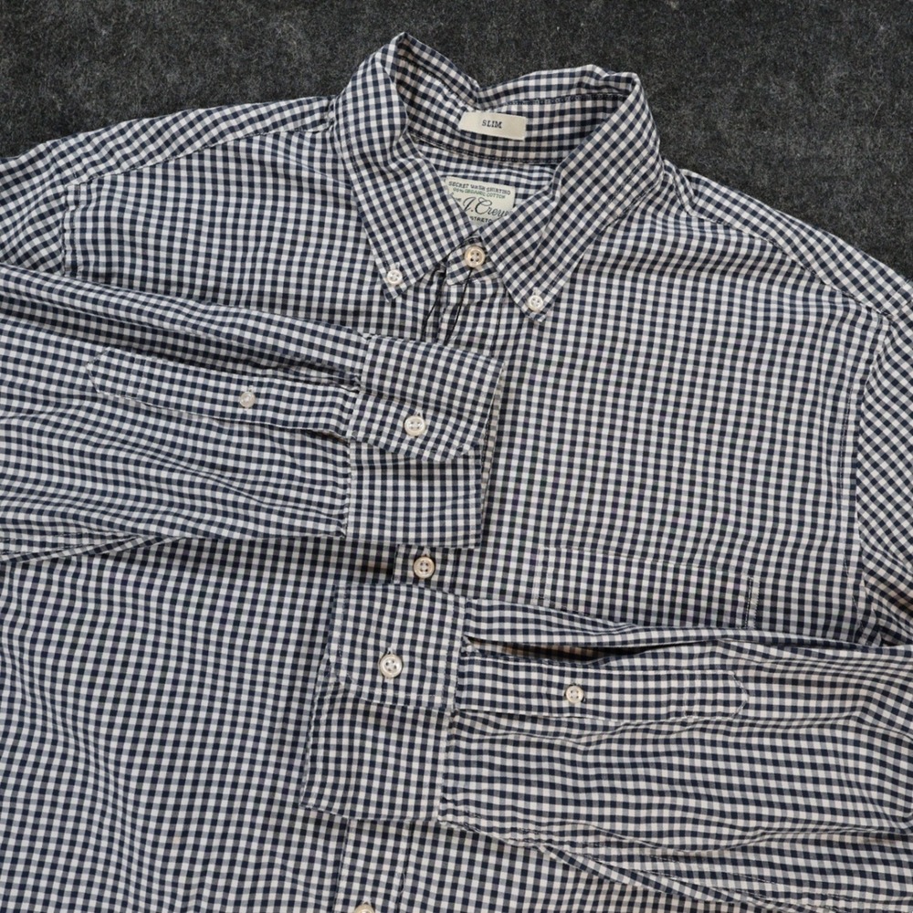 J.Crew Secret Wash Shirt Mens L Navy Excellent Slim Fit Gingham Stretch - Picture 9 of 11